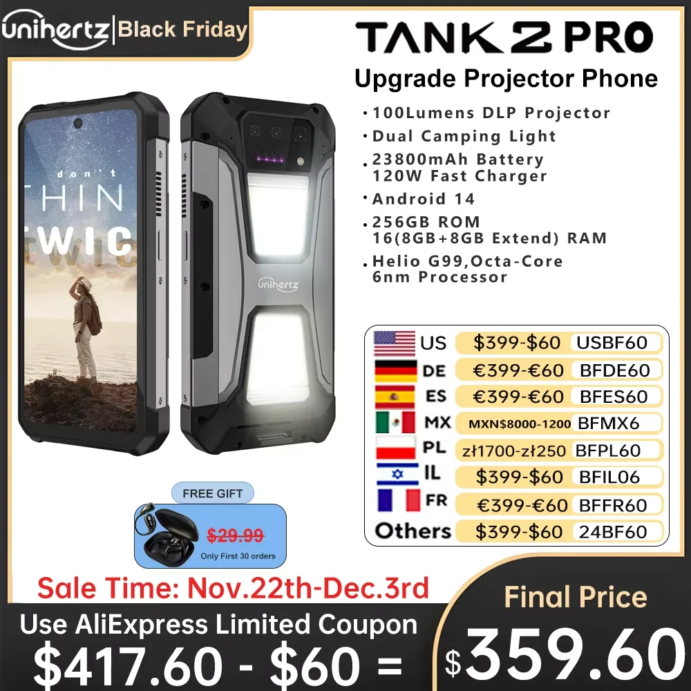 Unihertz Tank 2 Pro 8849 هاتف متين مع جهاز عرض، كاميرا 100 ميجابكسل، 24 جيجابايت 512 جيجابايت، أندرويد 14، 100 ميجابكسل، NFC، Helio G99، 23800 مللي أمبير، 4G