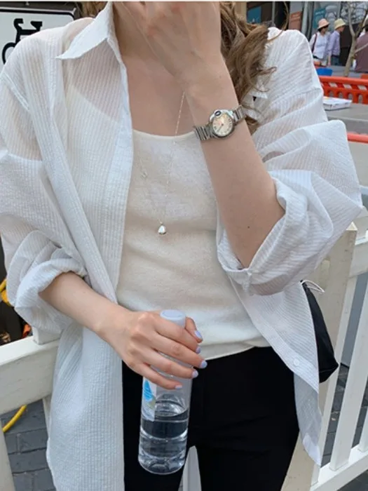 

Женский летний свободный кардиган с защитой от солнца, тонкий, прозрачный, в полоску, повседневный, из мягкого материала, для поездок на работу