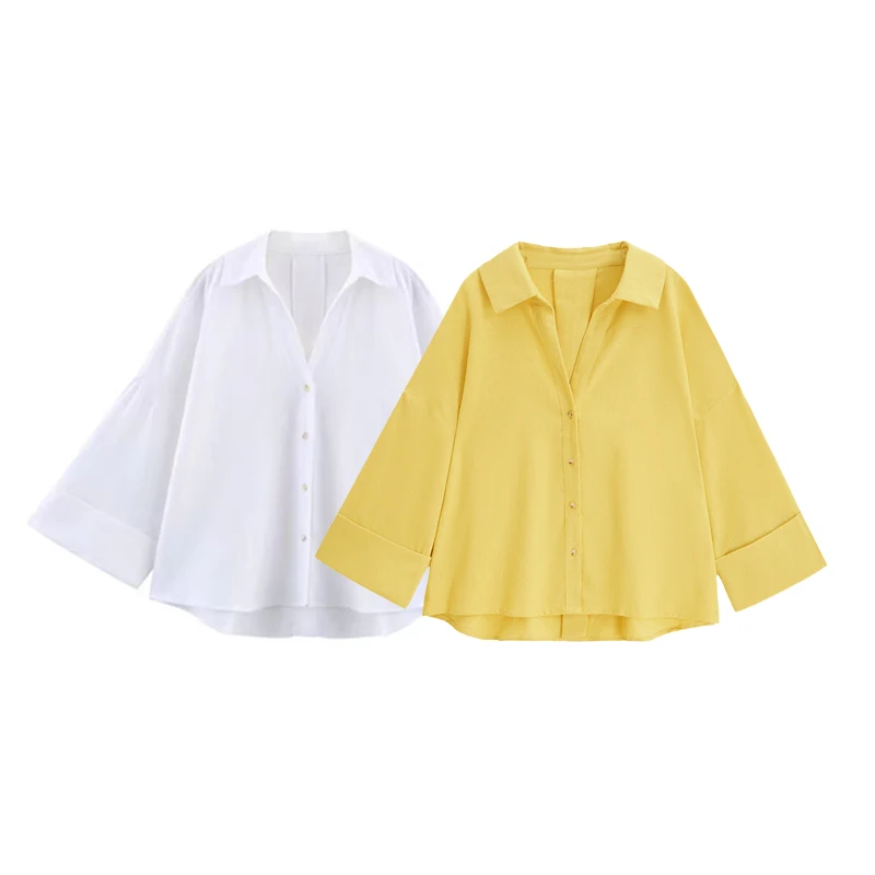 Camisa solta casual feminina para primavera/verão 2025, gola, design de botão, mangas largas, estilo minimalista de férias