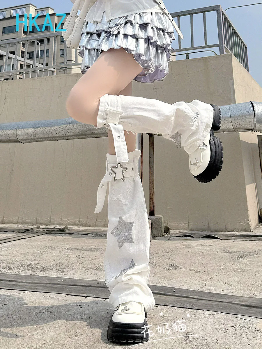 Star Leather Buckle Denim Leg Cover Y2k Sweet Cool Girl Leg Warmers Japanese Punk Subculture Medium Tube White Stacking Socks