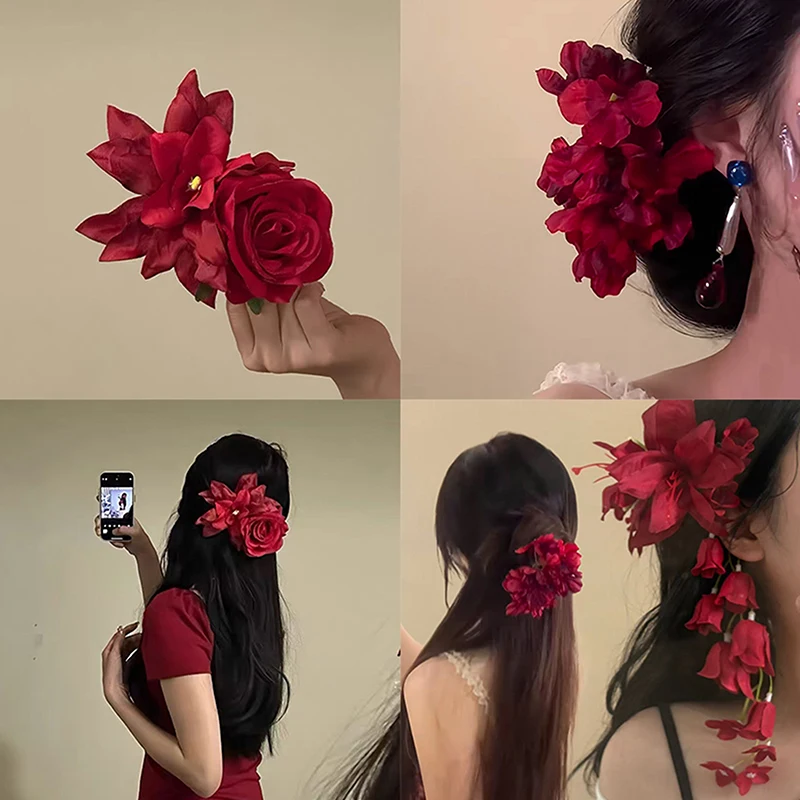 Red Lily Of The Valley Lily Tassels Hairpins Flower Petal Duckbill Hairgrip Simulation Flower Girls Women Headdress Accessory
