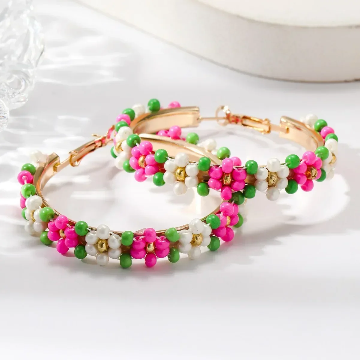 2025 Handmade Bead Earring Colour Flowers Circle Individuality Hand knitting Bohemia  Fashion Simple Beaded earrings