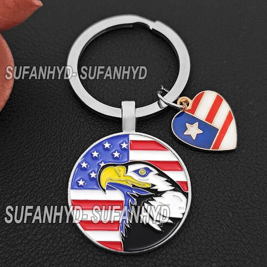 Round United States Flag Keychains Statue of Liberty Glass Cabochon I Love USA Key Chain Gifts for Independence Day