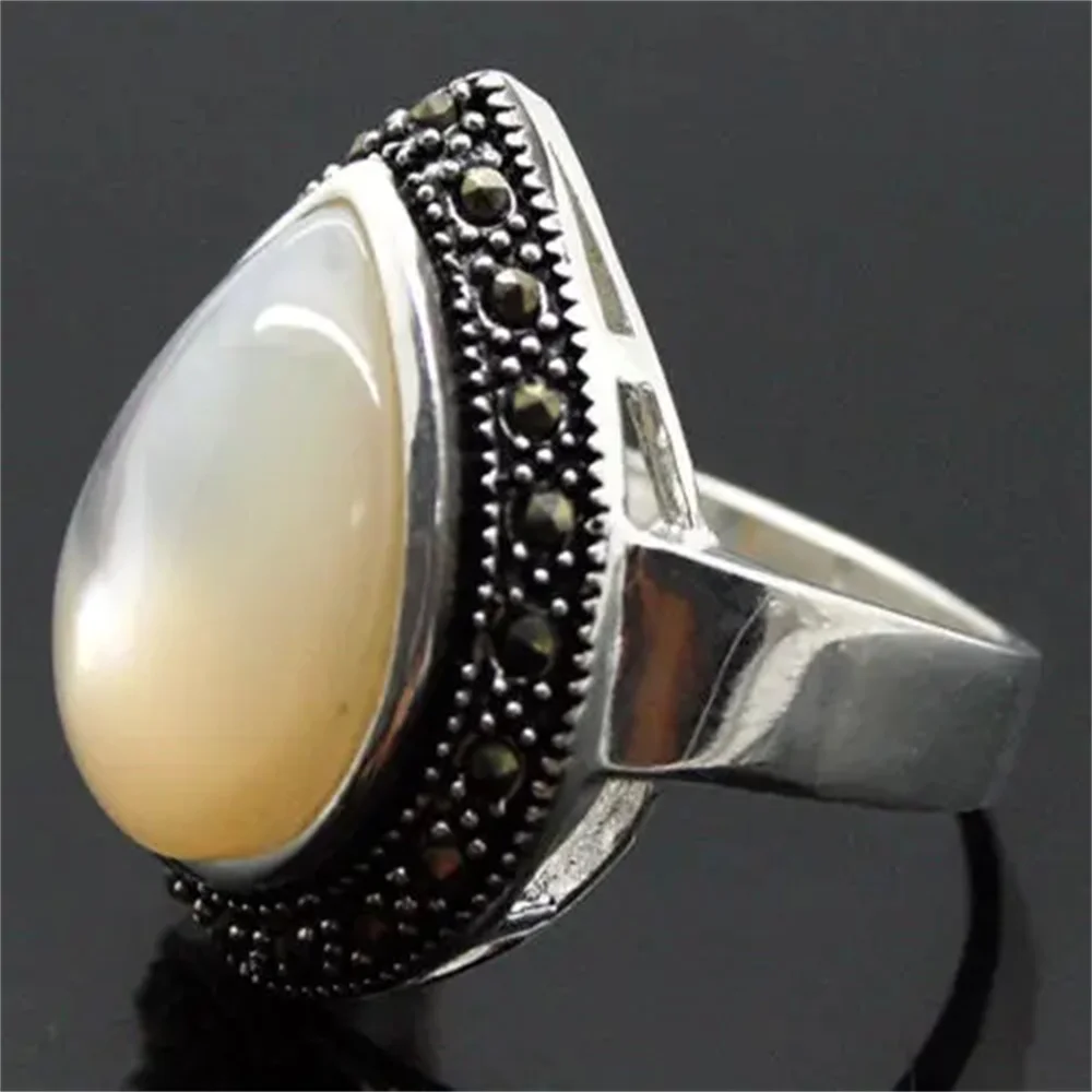 Unsex 25*20mm RARE NATUREL BLANC SHELL Selling Jadeite MARCASSITE 925 STERLING ARGENT ANNEAU TAILLE 7/8/9/10