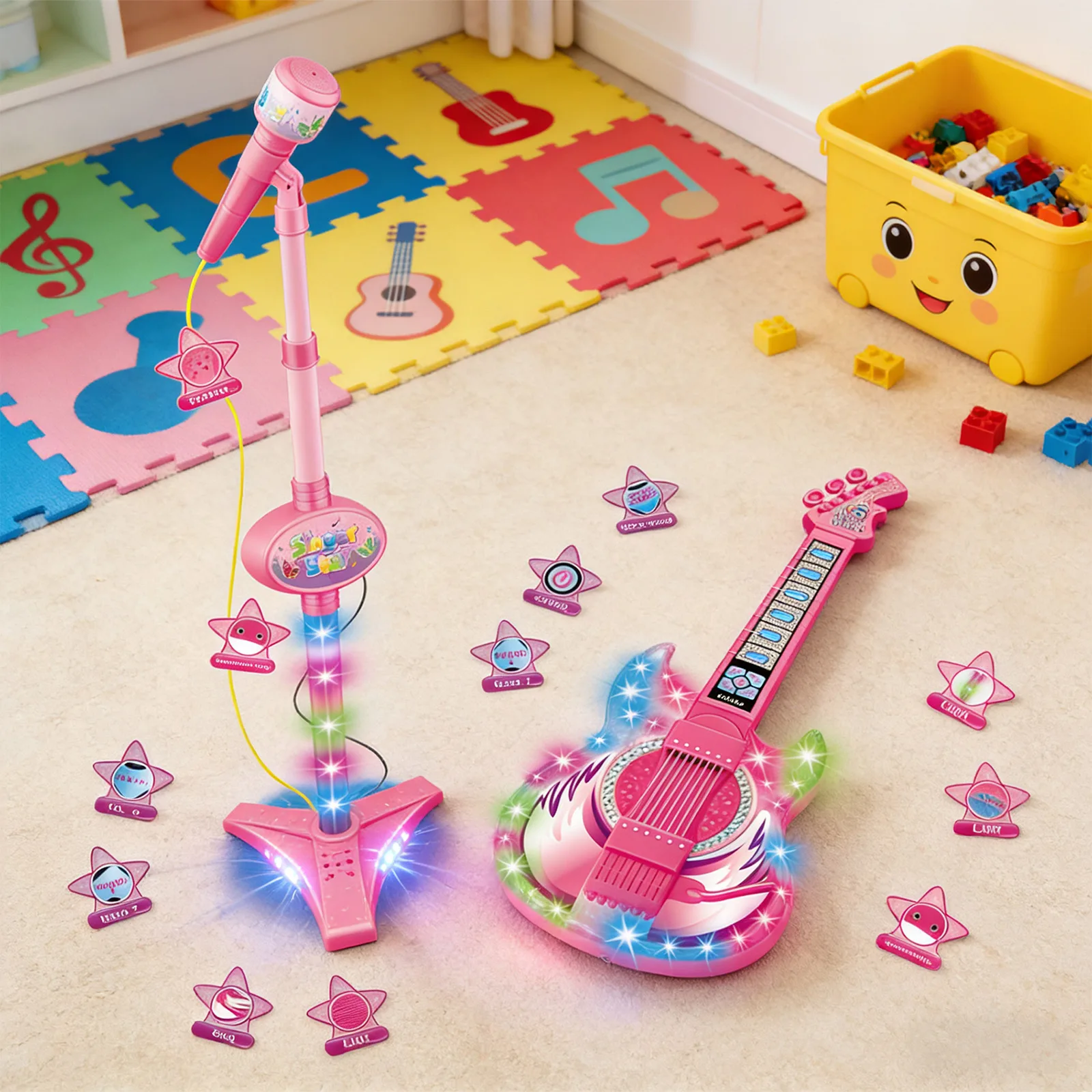جيتار وردي ميكروفون واحد 2 في 1 لعبة تفاعلية لأداء الأطفال أضواء ملونة ألعاب الآلات الموسيقية #4