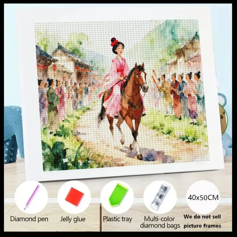 

5D Full Drill Diamond Painting Kit, Mulan Style Chinese Warrior Princess Riding Horse in Ancient Village Landscape, DIY Crystal