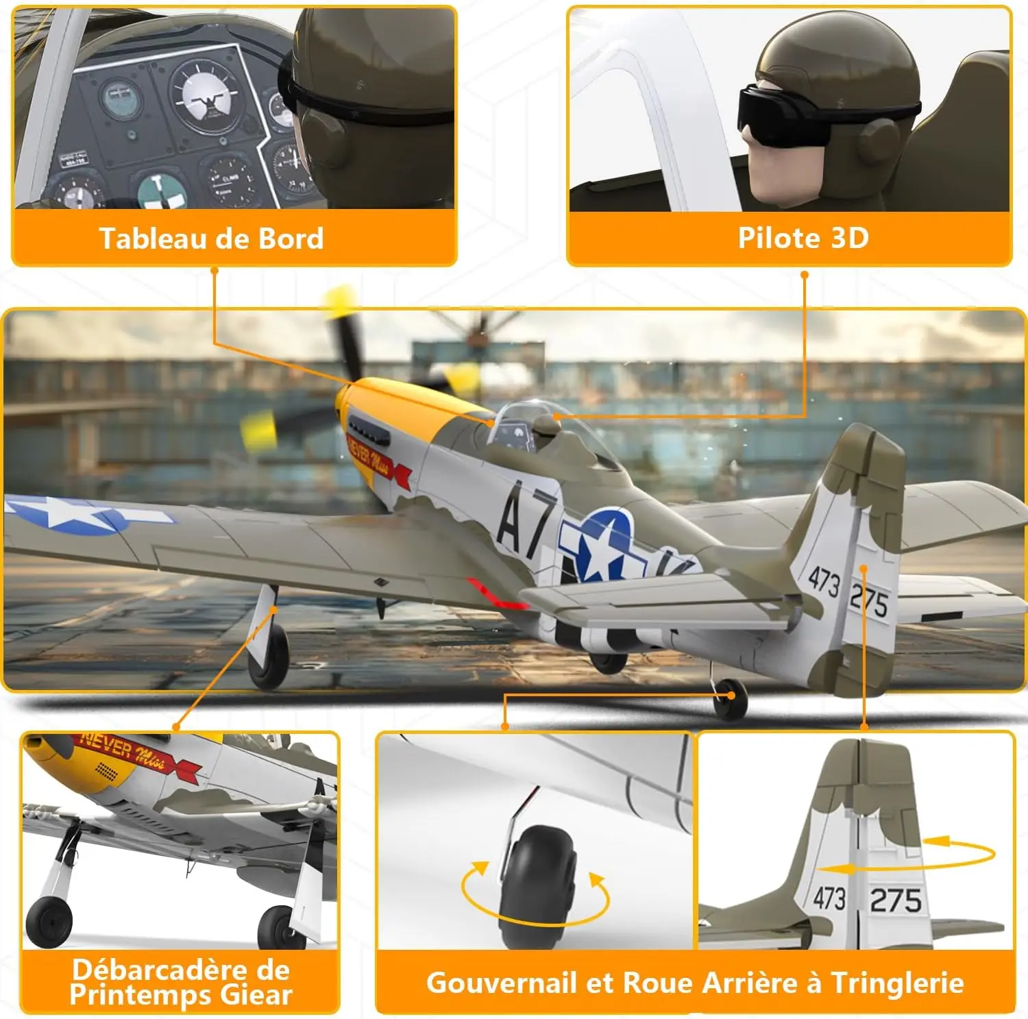 4CH P-51D Mustang 500mm RC Warbird Brushless RC Trainer Plane with 3 Flight Modes 6-Axis Gyro Supports Stunts for Beginners