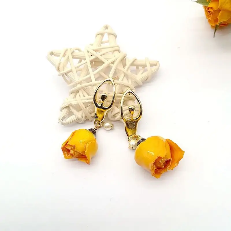 New fashion True flower  yellow Rose Preserved-Flowers Earrings sweet elegant temperament and high quality