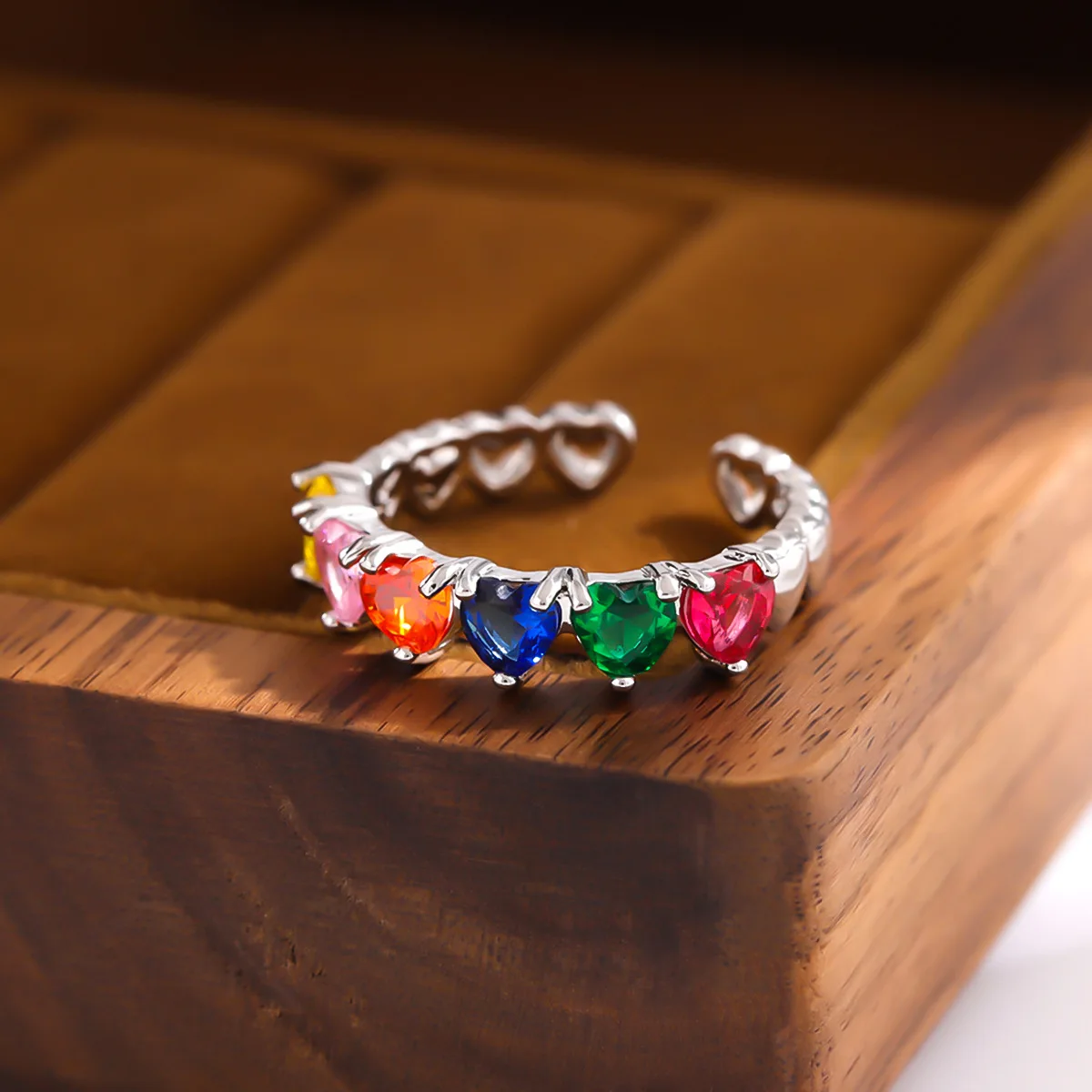 Neue Mode Kreative Regenbogen Farbe Herz Zu Temperament 925 Sterling Silber Liebe Exquisite Kristall Öffnung Ringe R375