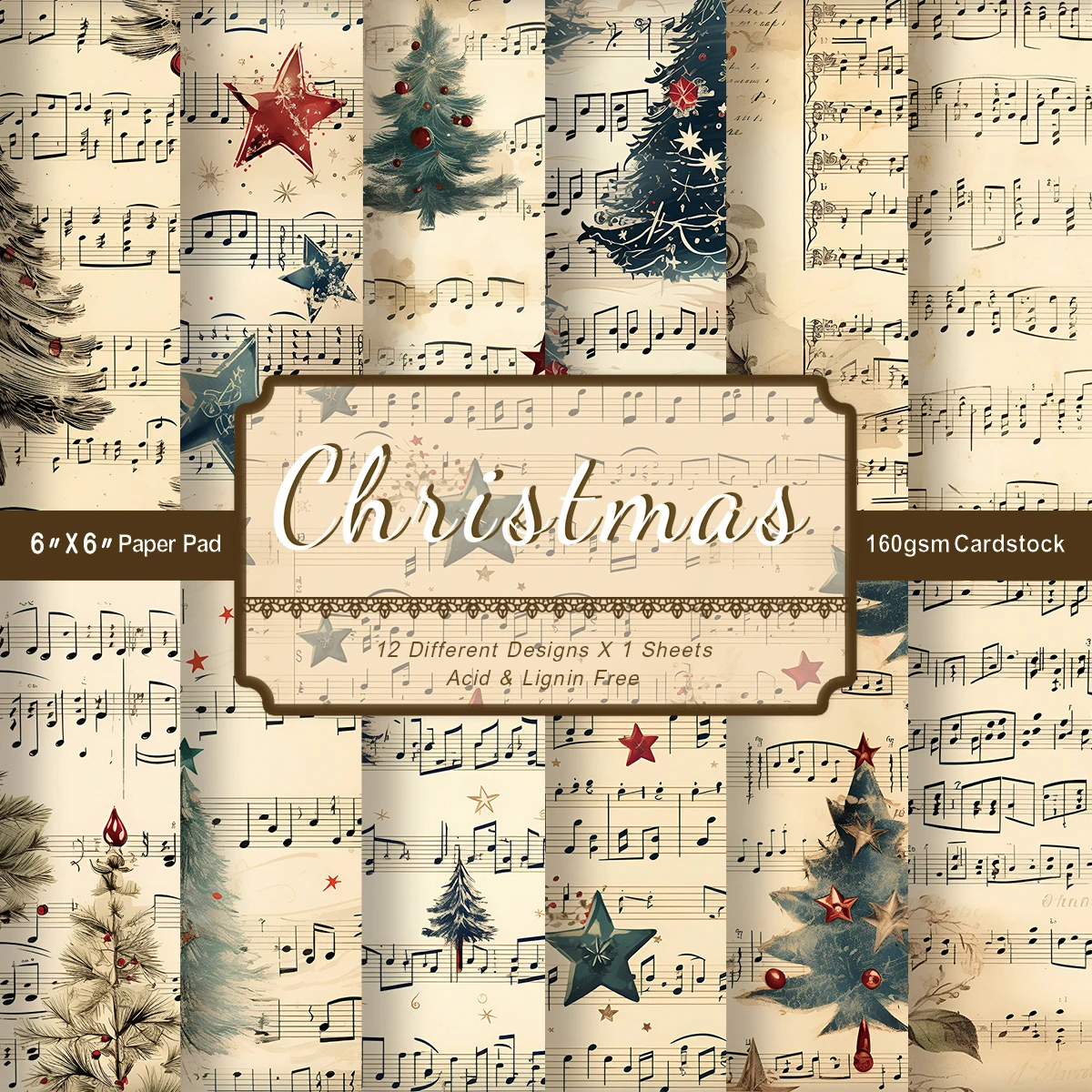 12pcs Vintage Christmas Scrapbook Paper With Hand-Drawn Sheet Music,For Junk Journals,Diy Holiday Memory Keep​ Decorative Paper