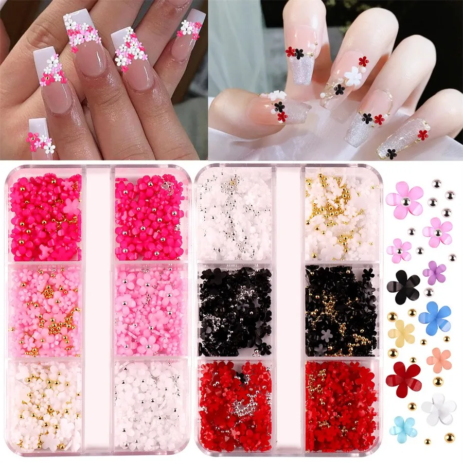 6Grids Nail Art Decorations Korean Small Flower Nail Charms 3D Mini Resin Rhinestones Nail Kawaii Accessories DIY Nail Supplies