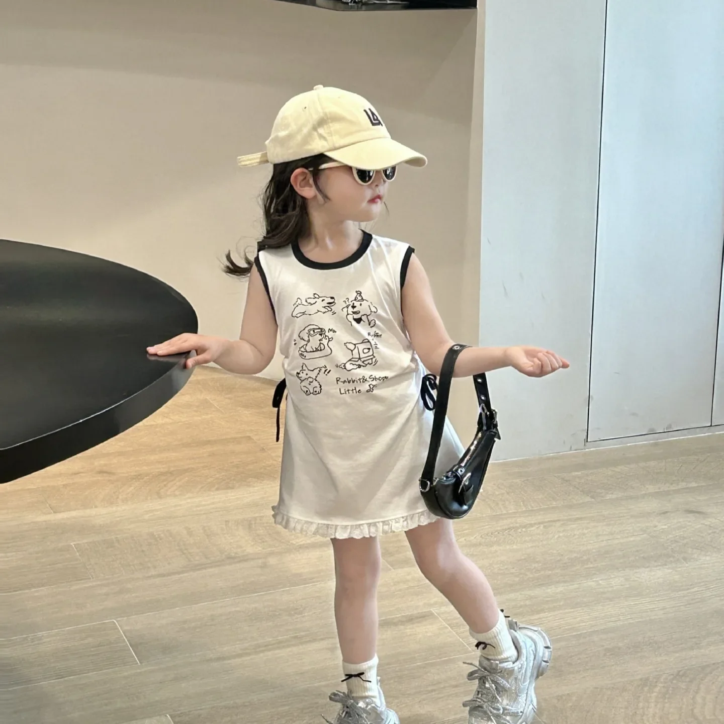 Girls Skirt 2026 Summer New Childrens Wear Korean Style Girl Baby Cartoon Print Simple Lace Patchwork Skirt Casual Simple