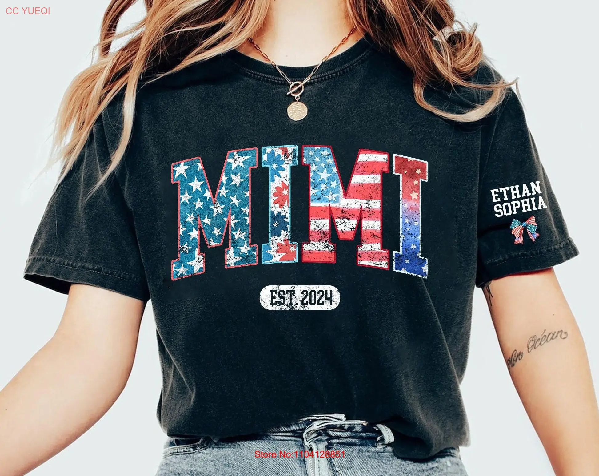تي شيرت ميمي الجدة المخصص نانا الوطنية 4th من يوليو واسم الحفيد بأكمام طويلة أو قصيرة #1