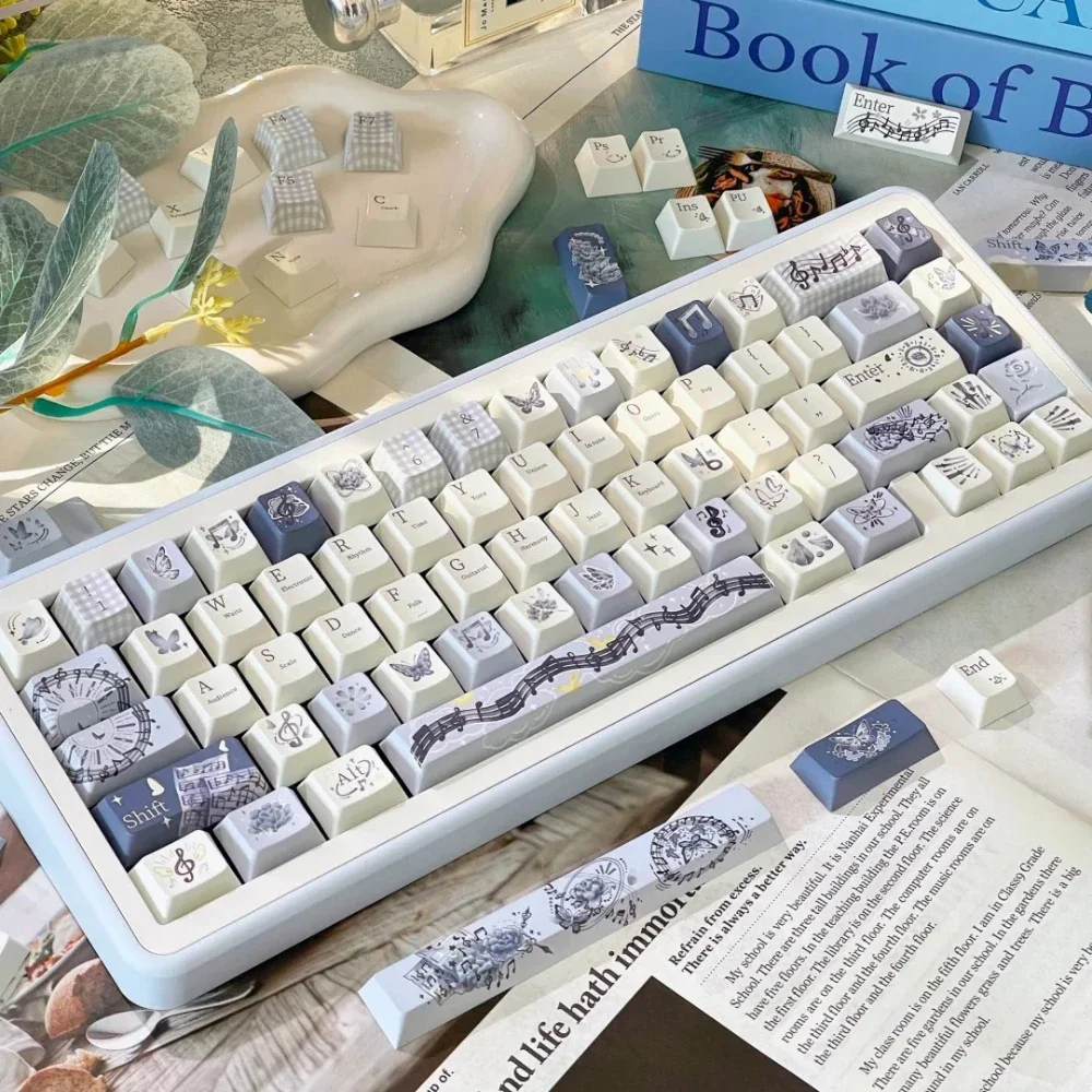 Music Clock Keycap143Keys Cherry Pbt 2.25/7U Space Bar L-Shaped Enter Key Butterfly Flower Note Gray-Blue Elegant Music Keycap