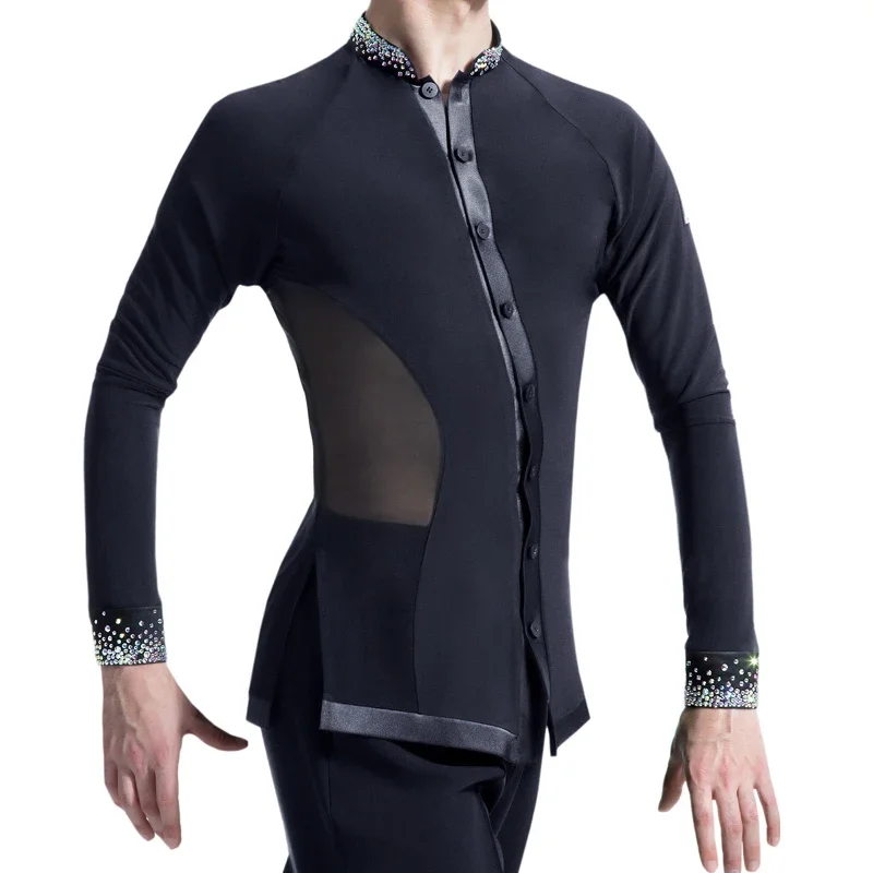 

Latin Dance Men'S Top National Standard Ballroom Performance Wear Standing Collar Shirt Crystal Latin Competition Tops DNV13904
