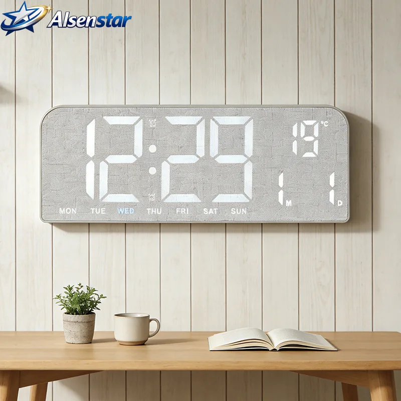 New Large Screen LED Alarm Clock Simple Wood Grain Creative Desk Clock Can Be Hung for Living Room Bedroom Home