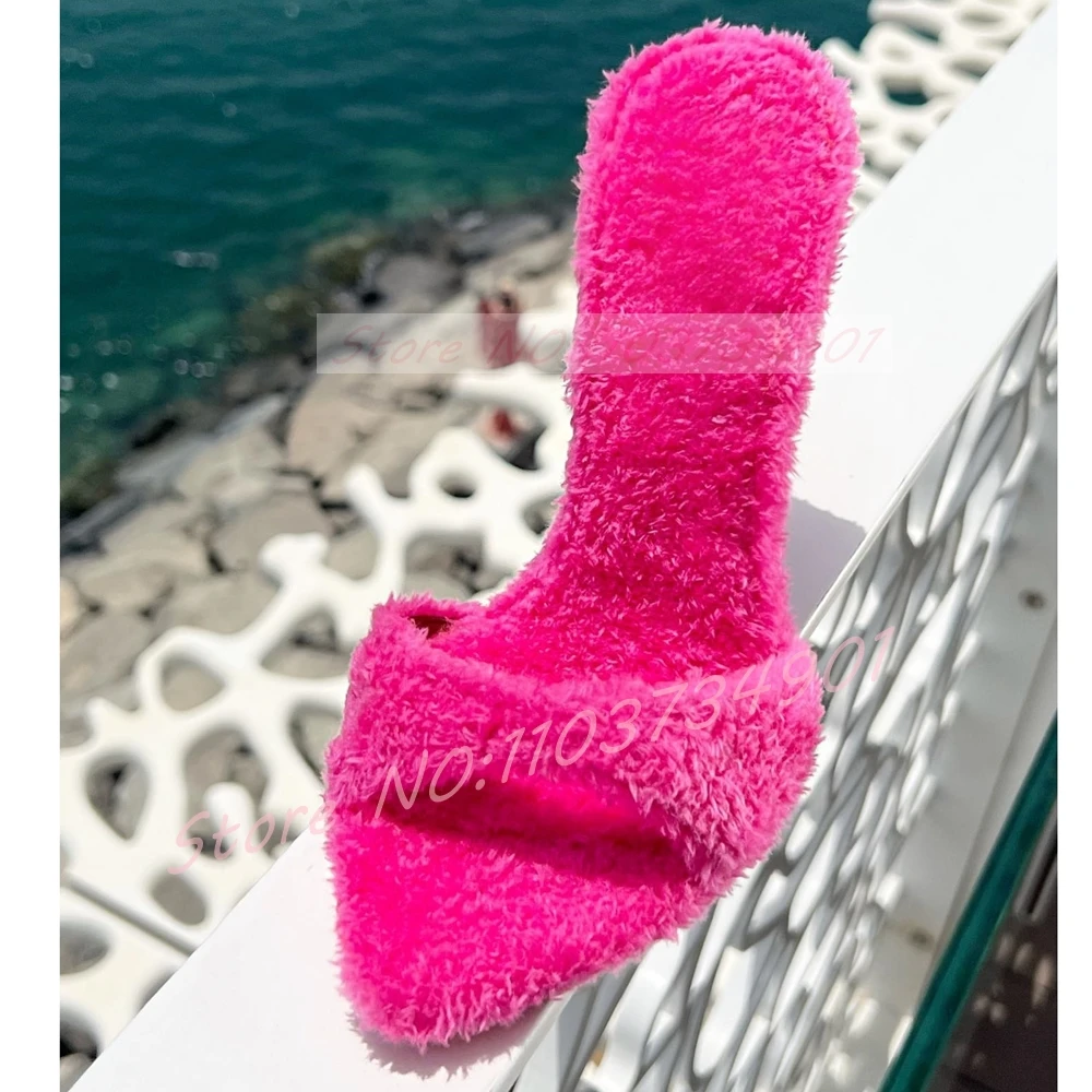 

Pink Fur Stiletto Heels Slippers Women Sweet Open Pointed-Toe Furry Outside Slippers Ladies Sexy Party Big Size Heeled Mules