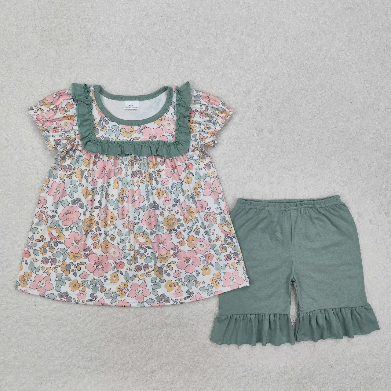 

Wholesale Toddler Infant Short Sleeves Green Ruffle Floral Tunic Baby Girl Cotton Shorts Set Children Outfit Kids Flower Clothes