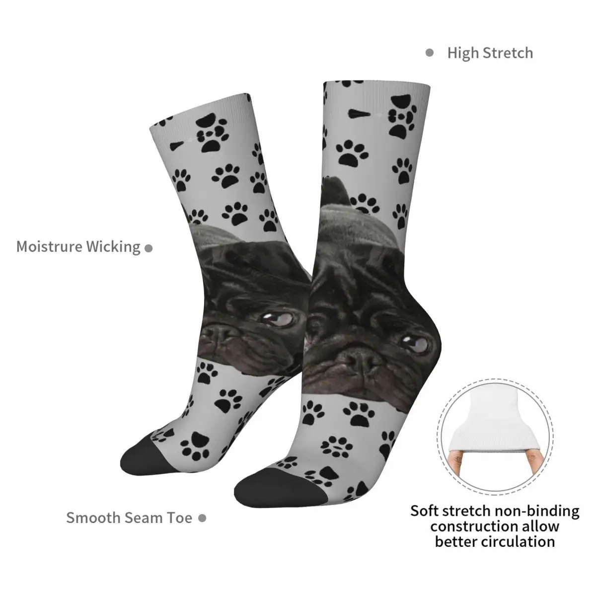 Adorable Black Pug Socks Harajuku Super Soft Stockings All Season Long Socks Accessories for Man's Woman's Birthday Present