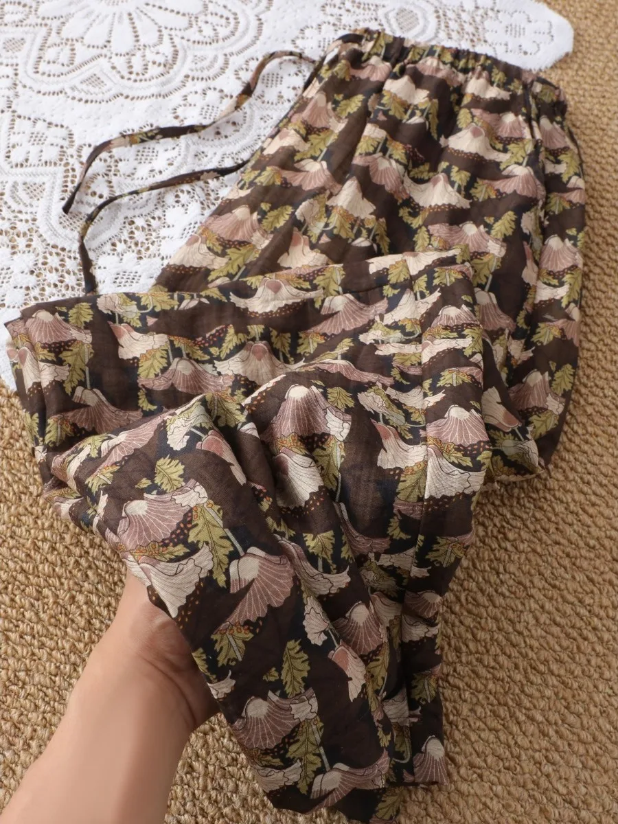 Elegant Vintage Floral Lightweight Wide Leg Pants Women's High Waist Rope Buckle Smooth Slimming Casual Straight Long Trousers