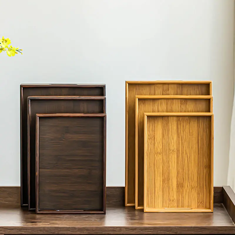 Elegant Bamboo Rectangular Tea Tray with Drainage, Creative Tea Set Server & Cup Saucer for Kung Fu Tea, Home Living Room.