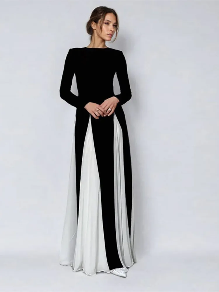 Black White Contrast Patchwork Mesh A-line Dress Women O Neck Long Sleeve Skinny Robes Female Elegant Party Club Evening Gown