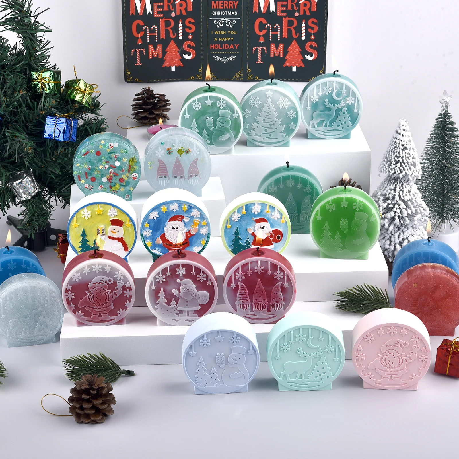 

DIY Christmas Crystal Ball Silicone Mold Round Scented Candle Mould Embossed Christmas Tree Snowman Elk Holiday Decor Craft Gift