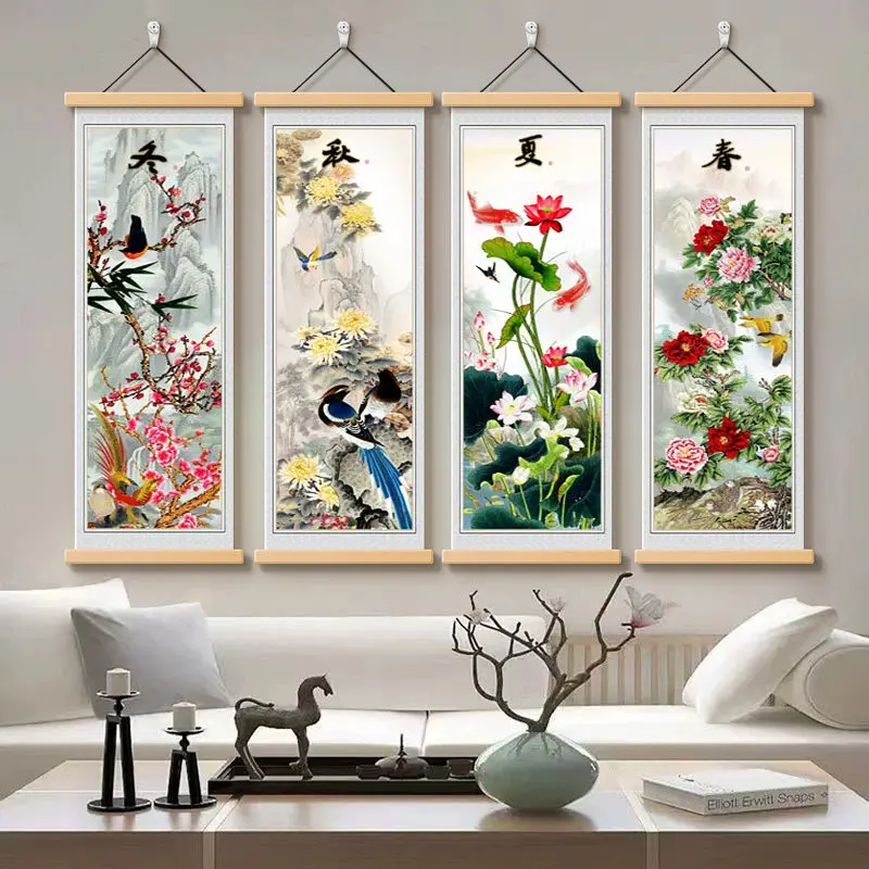 

Chinese Four-Panel Wall Art, Four Seasons & Four Gentlemen Scroll Set, Plum Orchid Bamboo Chrysanthemum Painting for Living Room