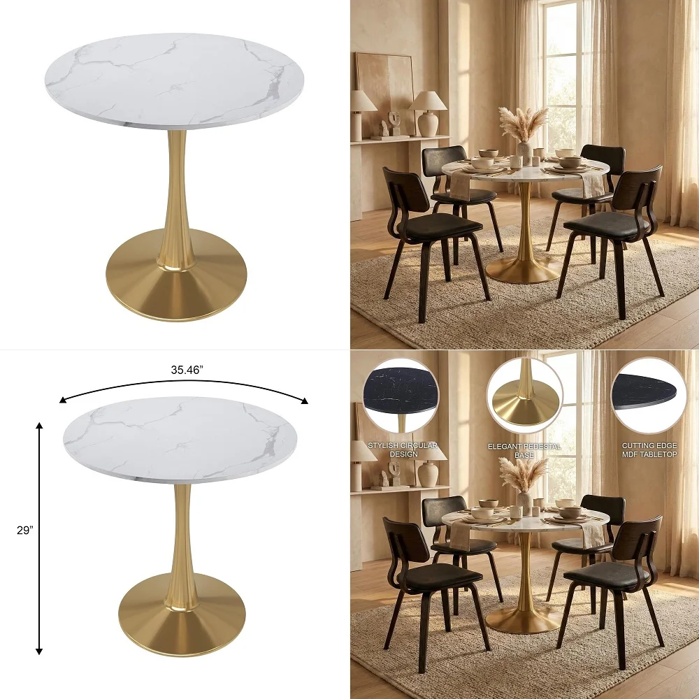 

Bristol 35 Wide Round Dining Table Bivel Design MDF Wood Top and Gold Stainless Steel Pedestal Base Accent Table MidCentury Caf