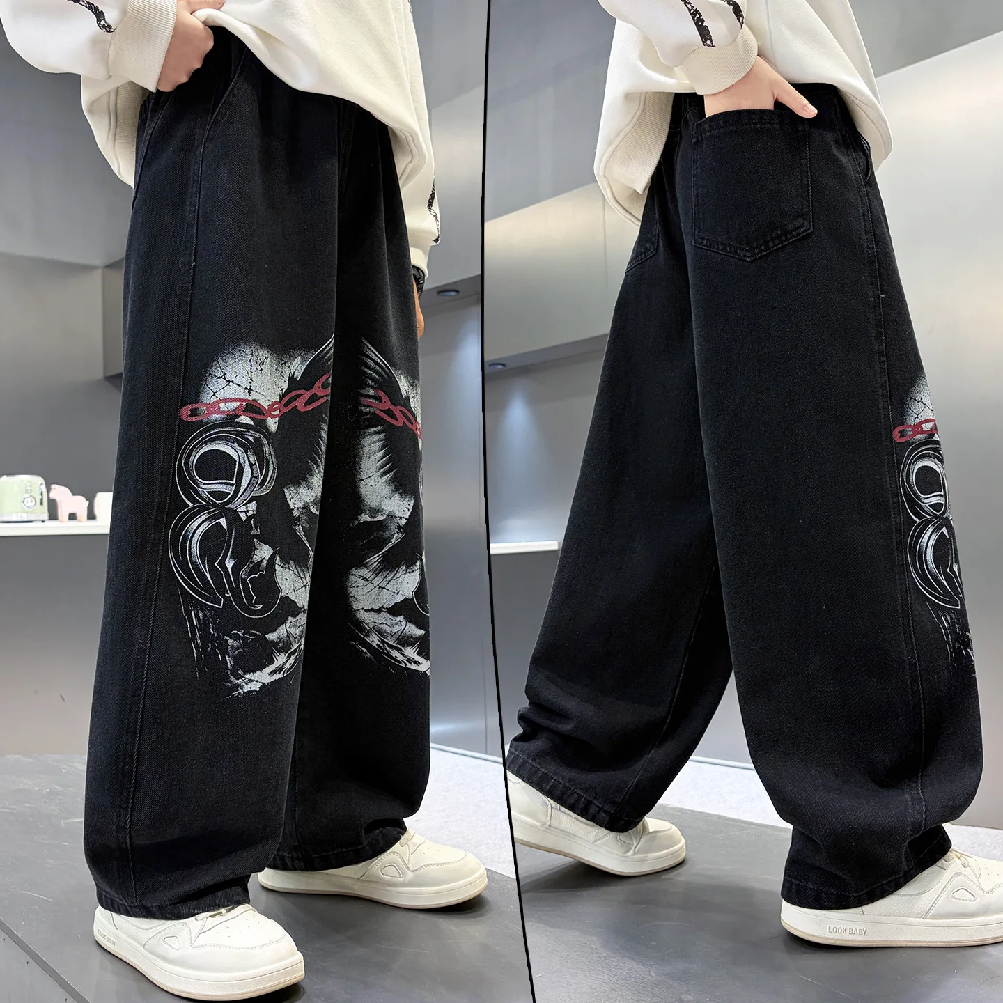 New Autumn Boys Korean Style Jeans Eagle Print Curved Pants Kids Loose Wide‑Leg Denim Trousers Childen Fashion Streetwear Pants