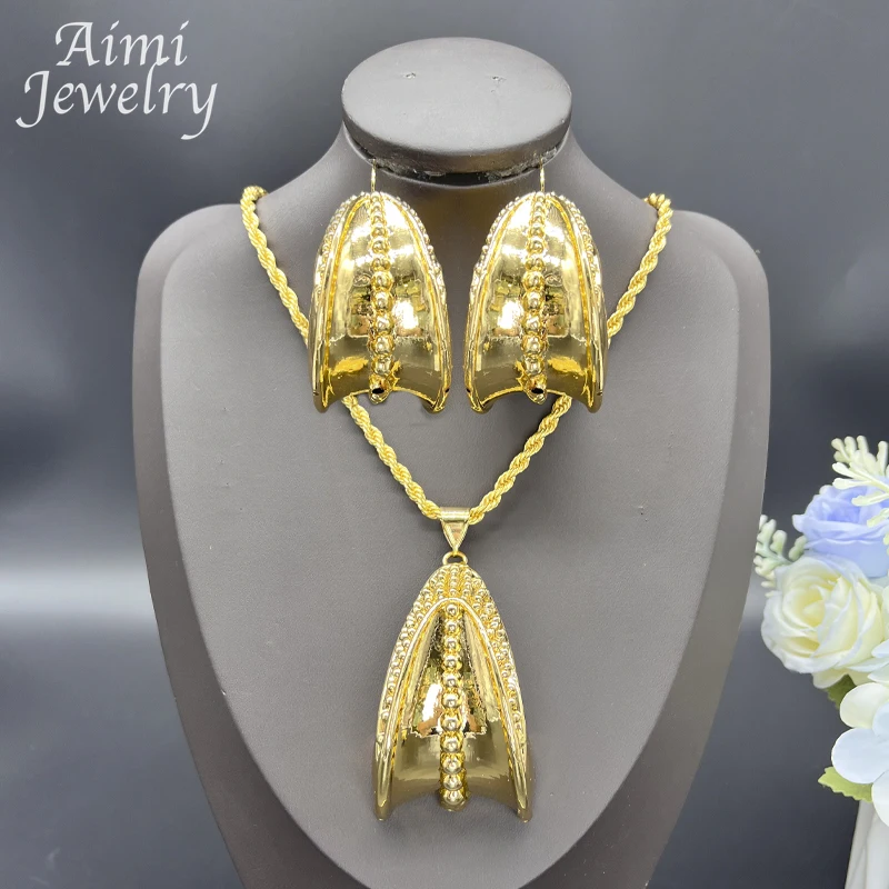 

Texture Fashion Dubai 24K Gold Plated Jewelry Set for Women Pendant Earrings Necklace Golden Chian Party Bridal Wedding Gifts