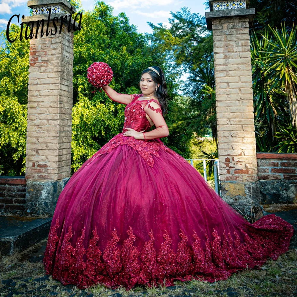 Abiti Quinceanera rossi con spalle scoperte abito da ballo senza maniche Appliques floreali in pizzo fiori fatti a mano dolce 15 abiti da festa