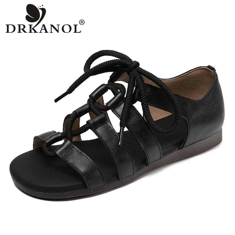 

DRKANOL Summer Roman Sandals Women Genuine Leather Open Toe Lace-Up Shoes Ladies Handmade Retro Style Soft Comfort Flat Sandals