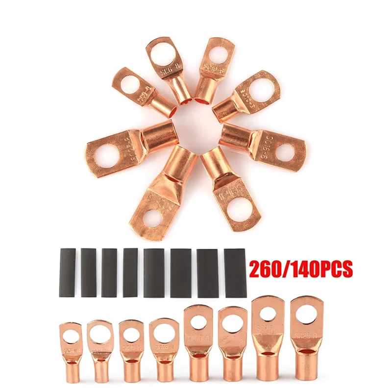 60/140/260Pcs SC6-25 Copper Terminal Connectors Assortment Tinned Copper Ring Lug Connector Wire Heat Shrink Tubes Kit