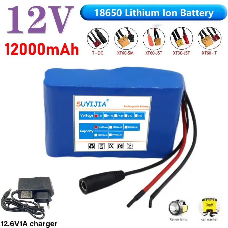 Batterie Lithium-ion 3s4p 12V 12ah 18650,12V 12000mAh DC12.6V, Batterie Rechargeable De Très Grande Capacité Avec BMS + Chargeur