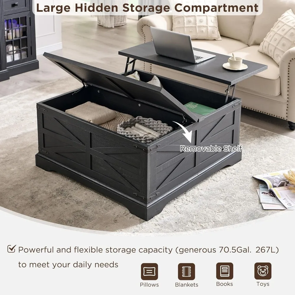 Farmhouse Lift Top Coffee Table with Storage, 36" Wood Square Center Table with Large Hidden Compartment, Rustic Lift Tabletop