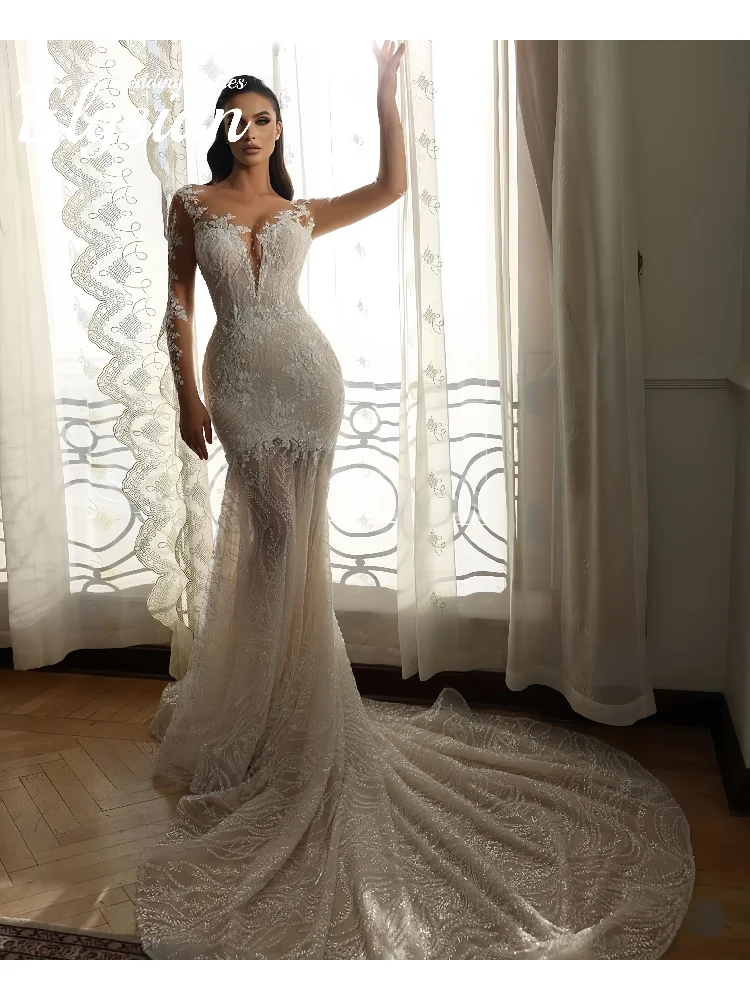 Customized Shining brightly Sexy V-neck Lace Applique Long sleeves Mermaid Semi-transparent wedding dresses Vestidos De Novia