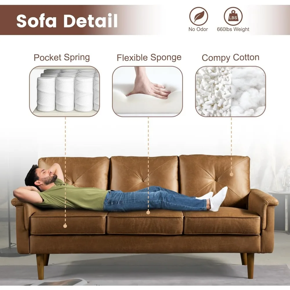 Luxury 3 Seater Sofa with Faux Leather,Mid-Century Modern Couch with Comfortable Armrest,Comfy Couches with Deep Seat