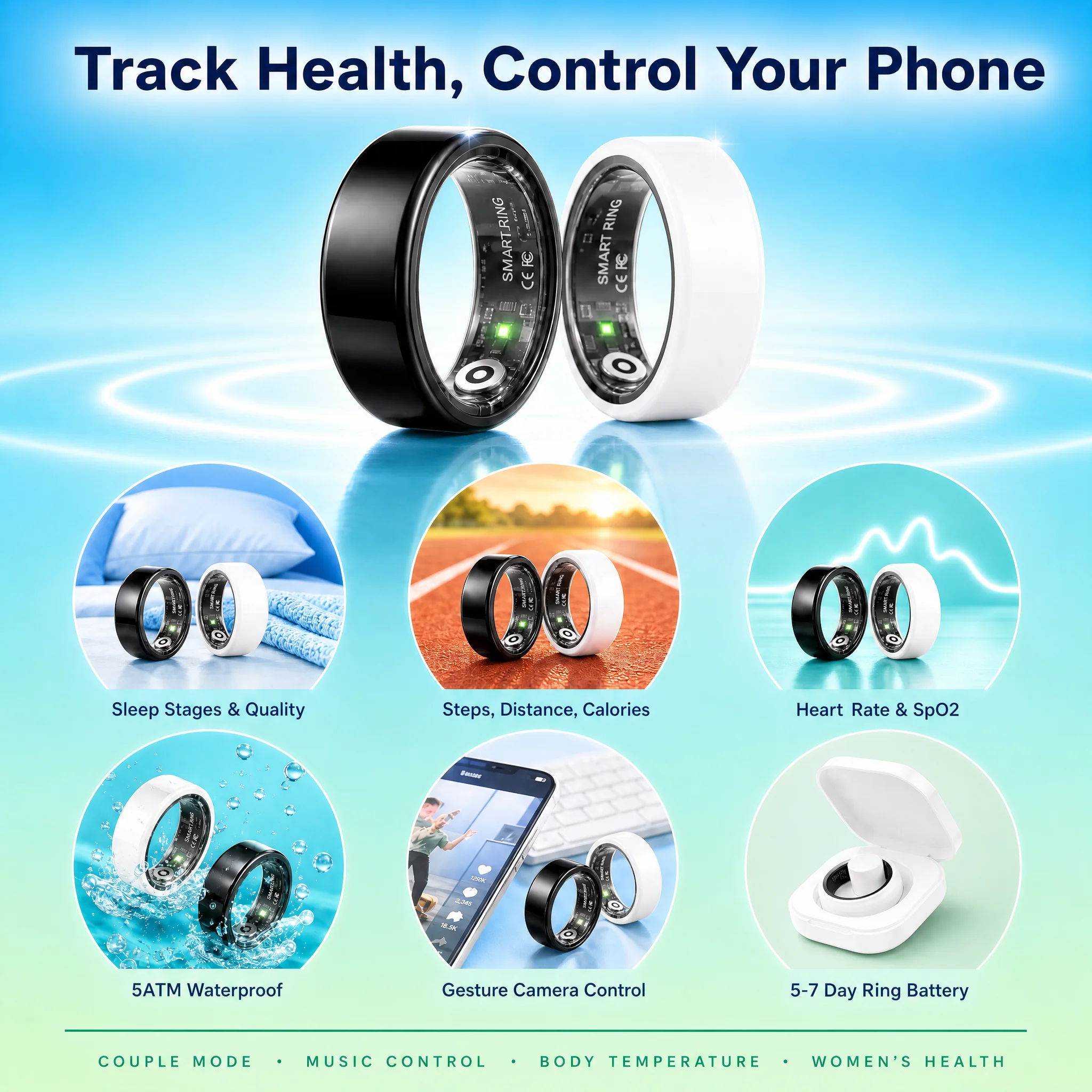 Smart Couple Ring BT5.2 Connection Multiple Sports Modes Couple Space Interaction Rings 5ATM Waterproof Health and Sleep Monitor