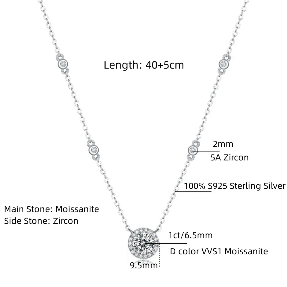GRA Certified 1ct Moissanite Pendant Necklace for Women 925 Sterling Silver Chain D Color VVS1 Round Diamond Necklaces Wedding