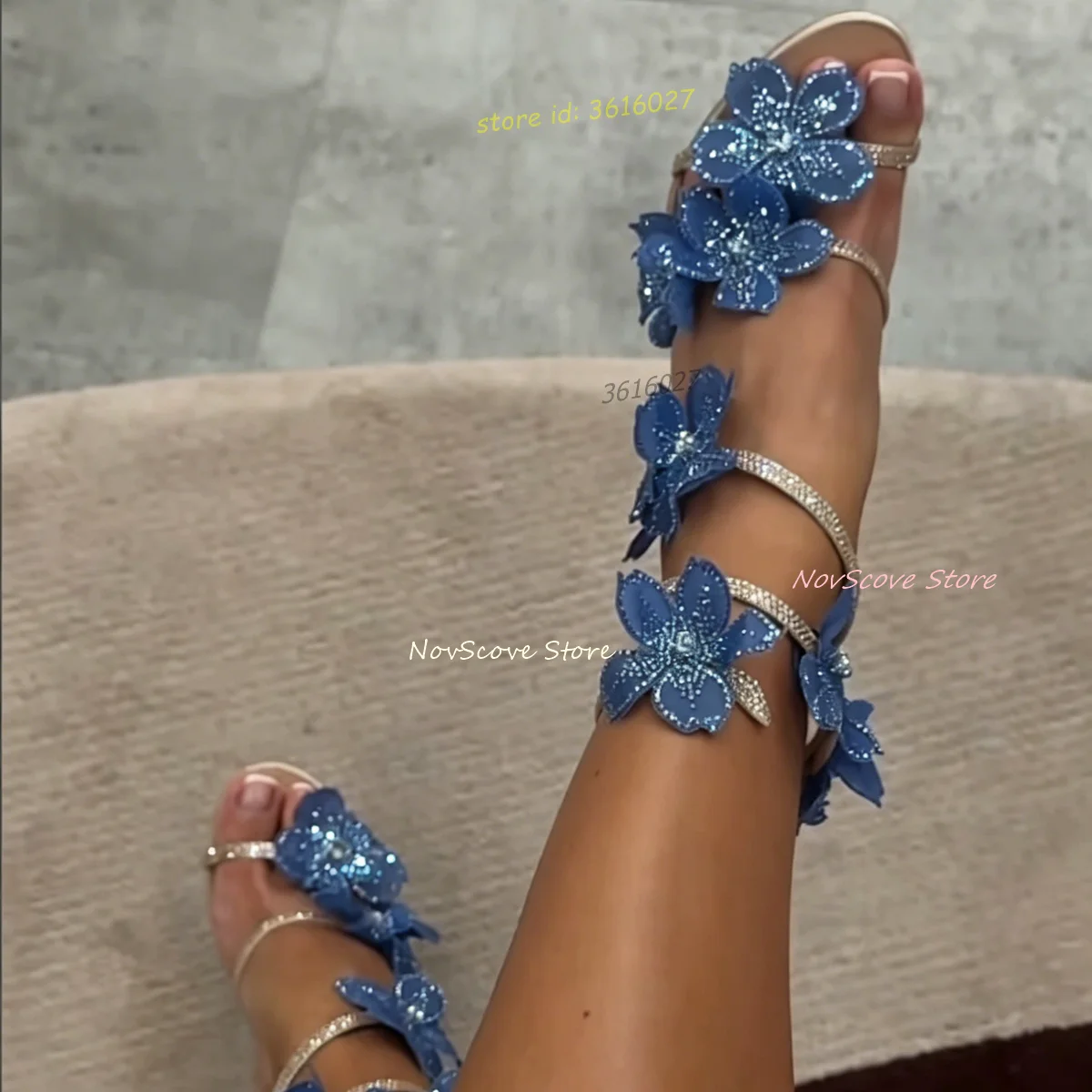 Blue Rhinestone Flower Party Sandals Open Toe Stiletto High Heels Rhinestone Straps Wrapped Ankle Cutouts Summer Dress Pumps
