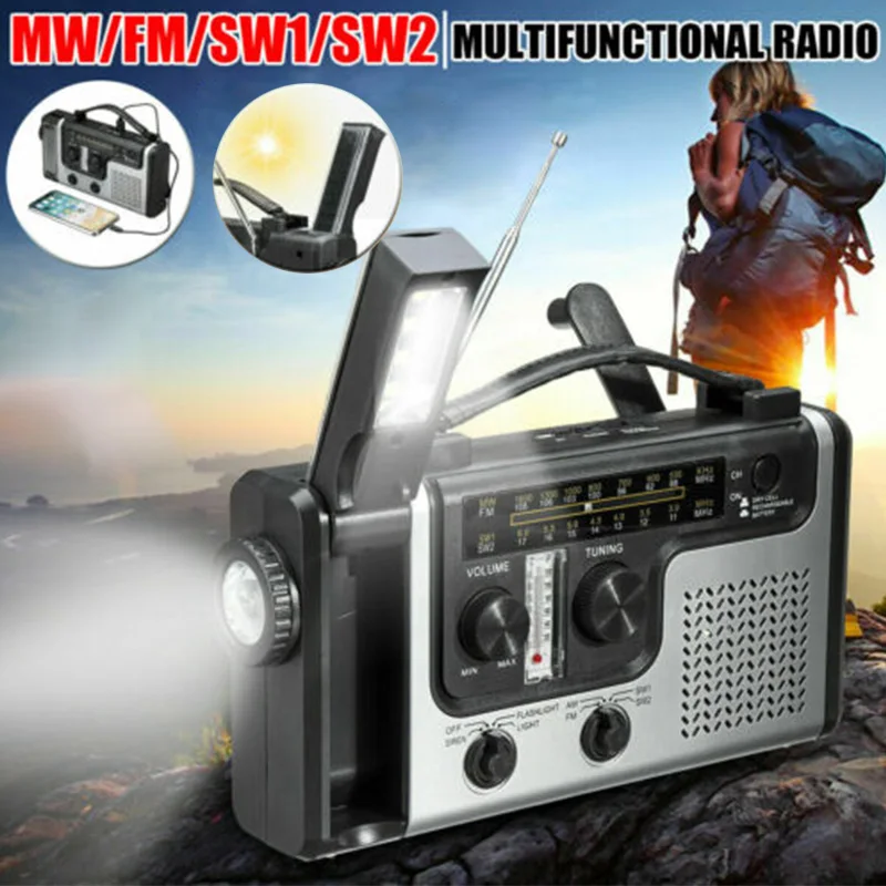 Emergency Portable AM FM SW1 SW2 Radio Hand Crank Self Powered Solar Radios Flashlight Reading Light Outdoor Multifunction Tools