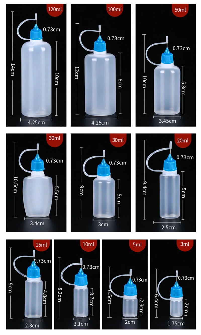 5ml 10ml 20ml 30ml 100ml 120ml PE Kunststoff-Quetschflasche mit Applikatorspitze Nachfüllbarer Tropfer mit Nadelspitzen-Verschlüssen Ölflaschen – Detail 4