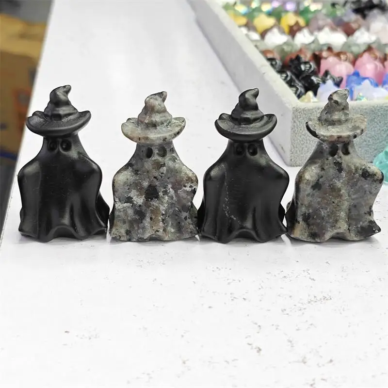 6CM Natural Black Obsidian Yooperlite Wizard Hat Ghost Carving Reiki Healing Fengshui Stone DIY Holiday Crafts Gifts 1PCS