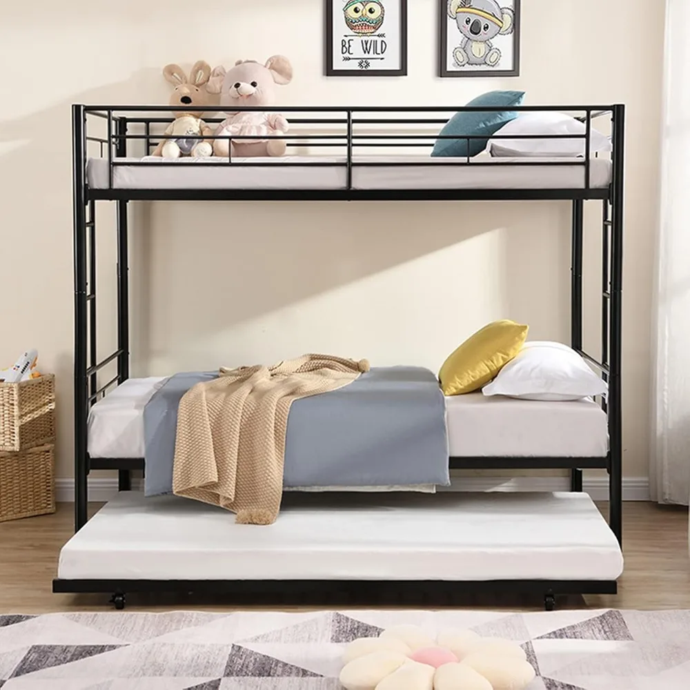 Twin Over Twin Metal Bunk Bed with Trundle Heavy Duty Bunk Beds Frame with 2Side Ladders,with Safety Guardrails for Adults