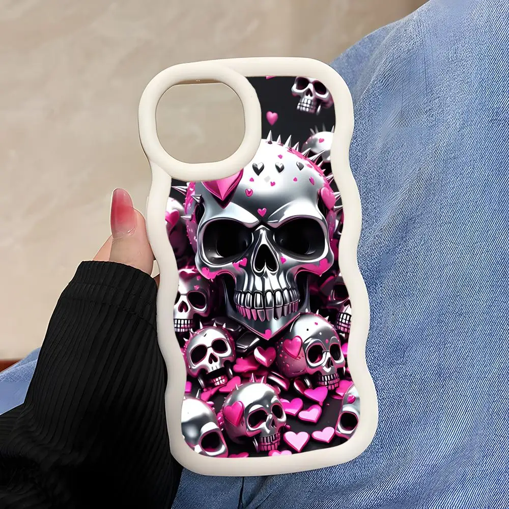 

Luxury Silver Skull Phone Case for iPhone 17 16 15 14 13 12 11 Air Pro Max Plus White Soft TPU Wavy Edge Cover