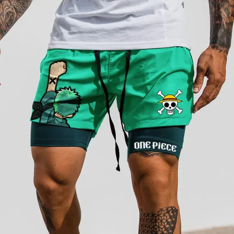 

One Piece Men's Anime Peripheral Shorts Double Printed Sports Shorts Cartoon Student Clothing Monkey D. Luffy Holiday Gift