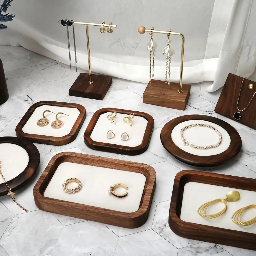 

Geometry Wood Rings Tray Exquisite Ear Studs Case Earrings Display Tray Jewlery Organizer Velvet Ring Earring Holder Store