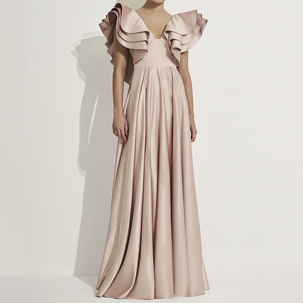 

Customized A-line Evening Dresses Floor-length V-neck Sleeveless Prom Gown Fashion Tiered Stole Simple Draped Casual Party Gown