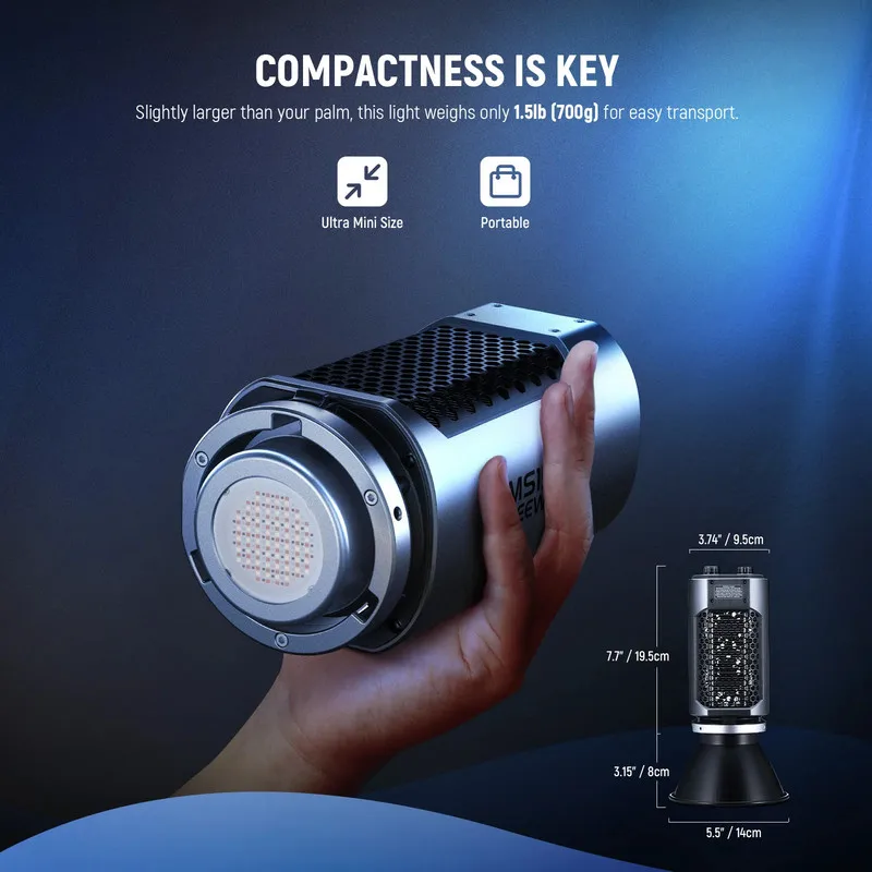 

NEEWER MS150C Светодиодная видеолампа RGBWW мощностью 150 Вт с управлением через приложение 18000 люкс на 1 м CRI97+ и совместимость с полным креплением Bowens